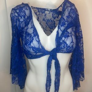Lace, sleeved shawl. Blue.  Tie front. For rave, festival, stripper or costume